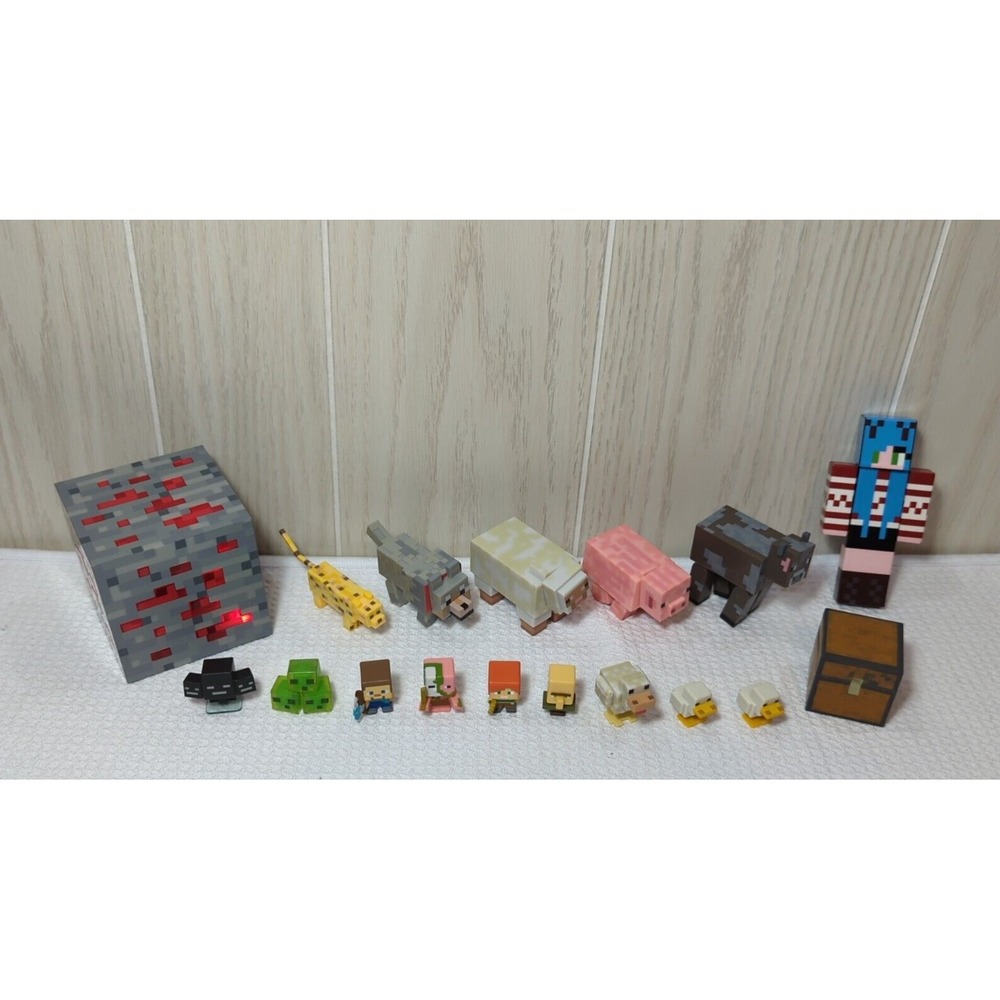 Mojang Minecraft figures lot + ThinkGeek Light-Up Redstone Ore cube